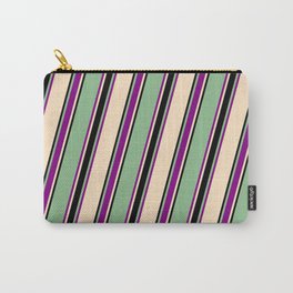 [ Thumbnail: Dark Sea Green, Purple, Bisque, and Black Colored Lines Pattern Carry-All Pouch ]
