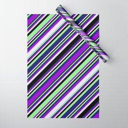 [ Thumbnail: Vibrant Dark Violet, Lavender, Black, Light Green & Midnight Blue Colored Lines Pattern Wrapping Paper ]