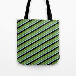 [ Thumbnail: Green, Light Sky Blue, and Black Colored Lined/Striped Pattern Tote Bag ]