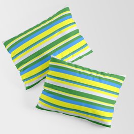 [ Thumbnail: Lavender, Forest Green, Blue & Yellow Colored Striped Pattern Pillow Sham ]