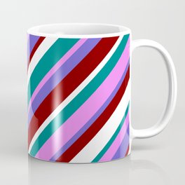 [ Thumbnail: Vibrant Teal, Violet, Slate Blue, Maroon & White Colored Pattern of Stripes Coffee Mug ]