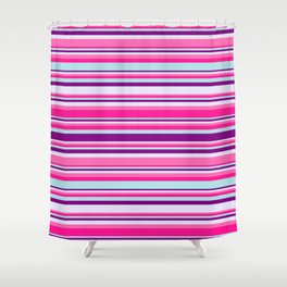 [ Thumbnail: Colorful Hot Pink, Deep Pink, Powder Blue, Purple, and Lavender Colored Lined Pattern Shower Curtain ]