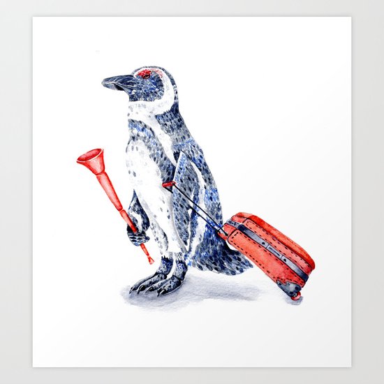 Penguin with a Suitcase and a Vuvuzela Art Print
