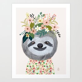 Sloth with flowers on head Art Print