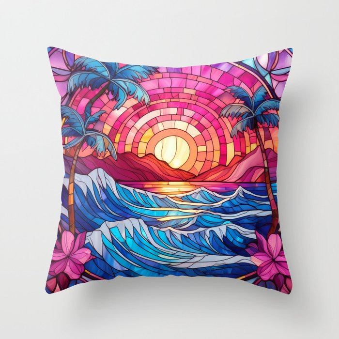 Pink tropical sunset stained glass art Throw Pillow