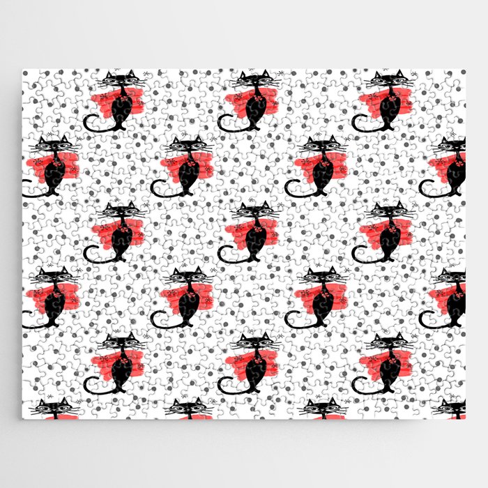 Mid Century Black Cat Pattern Retro Black And White Cat Pattern Jigsaw Puzzle