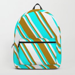 [ Thumbnail: White, Dark Goldenrod, and Aqua Colored Striped Pattern Backpack ]