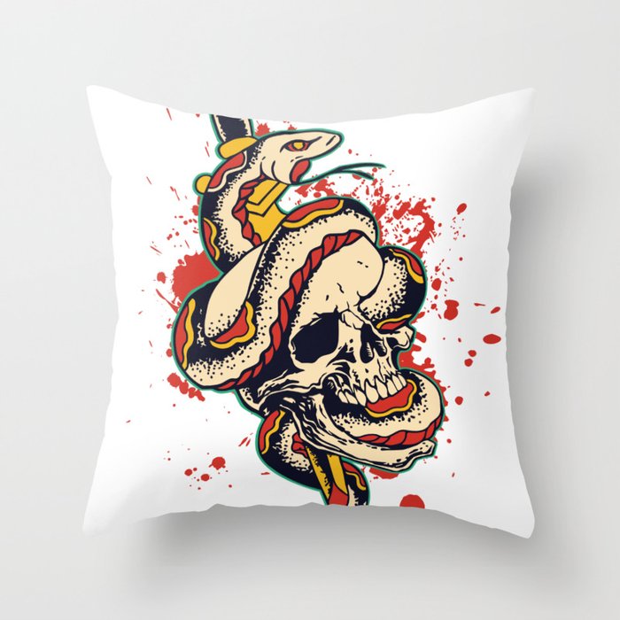 Skull and Snake Flash Art Throw Pillow
