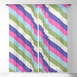 [ Thumbnail: Vibrant Sky Blue, Green, Beige, Dark Blue & Deep Pink Colored Striped/Lined Pattern Sheer Curtain ]