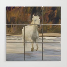 white horse running in water, digital painting Wood Wall Art