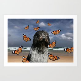 Schapendoes Dog on beach with orange butterflies #society6 Art Print