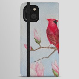 Cardinal Pair with Magnolias - Watercolor Painting iPhone Wallet Case