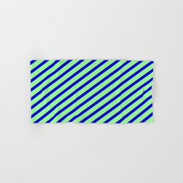 [ Thumbnail: Green and Blue Colored Lined Pattern Hand & Bath Towel ]