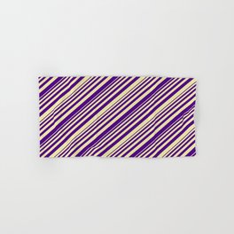 [ Thumbnail: Indigo and Pale Goldenrod Colored Lined Pattern Hand & Bath Towel ]