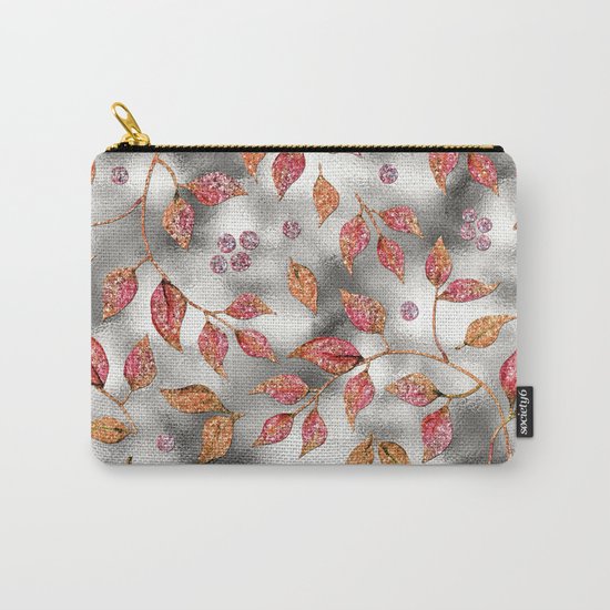 Autumworld- Sparkling pink glitter leaves on silver background #Society6 Carry-All Pouch