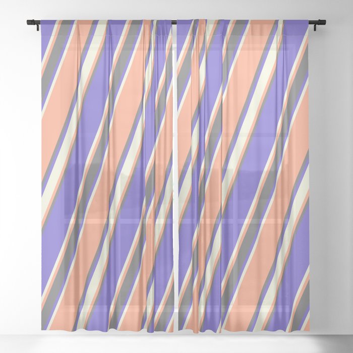 Light Salmon, Dim Grey, Slate Blue, and Beige Colored Lined/Striped Pattern Sheer Curtain