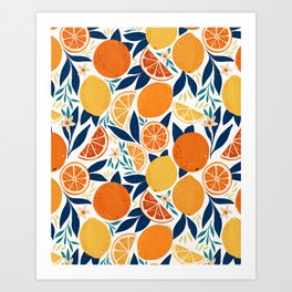 Citrus Fruits - Blue and Orange Art Print