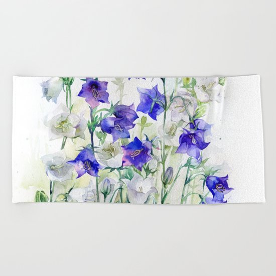 Bluebells watercolor flowers, aquarelle bellflowers Beach Towel