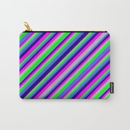 [ Thumbnail: Eyecatching Royal Blue, Blue, Fuchsia, Plum, and Lime Colored Lined/Striped Pattern Carry-All Pouch ]