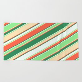 [ Thumbnail: Colorful Red, Sea Green, Mint Cream, Light Green & Beige Colored Lined/Striped Pattern Beach Towel ]