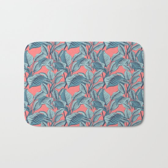 Pink Exotic Tropical Banana Palm Leaf Print Bath Mat