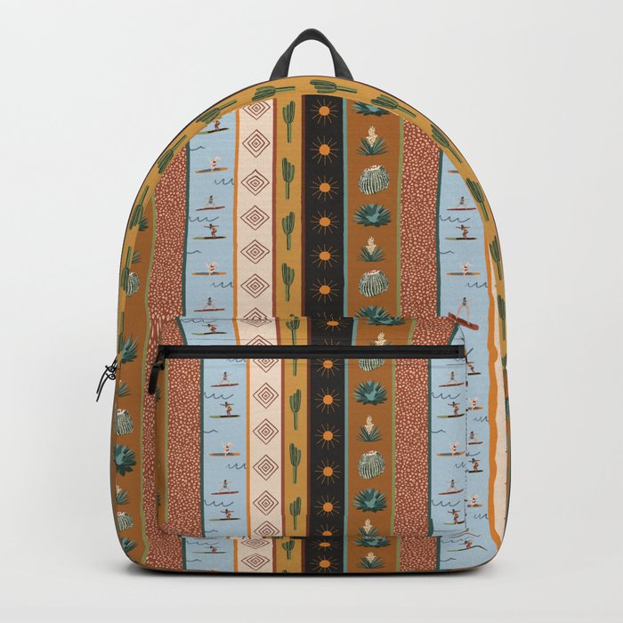 sunny desert boarder print // paddle board // yoga // cacti // stripes // burnt orange + light blue + mustard yellow + rust red // by Ali Harris Backpack