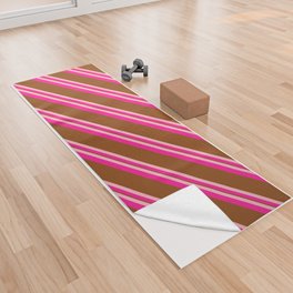 [ Thumbnail: Light Pink, Deep Pink & Brown Colored Lined/Striped Pattern Yoga Towel ]