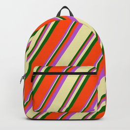 [ Thumbnail: Orchid, Pale Goldenrod, Dark Green, and Red Colored Striped/Lined Pattern Backpack ]