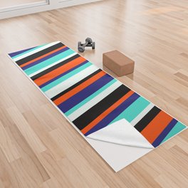 [ Thumbnail: Vibrant Mint Cream, Turquoise, Midnight Blue, Red & Black Colored Lines/Stripes Pattern Yoga Towel ]
