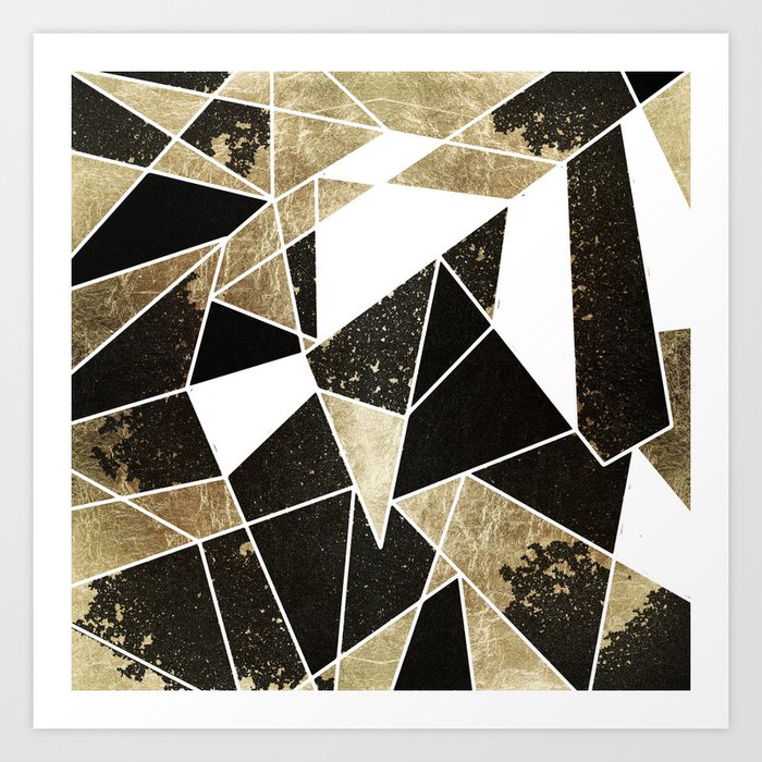 Modern Rustic Black White and Faux Gold Geometric Art Print