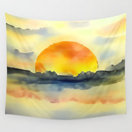 Watercolor Bright Sunset in Orange Wall Tapestry