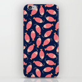 TOSSED SWIMMING FISH in PINK AND SAND ON DARK BLUE iPhone Skin
