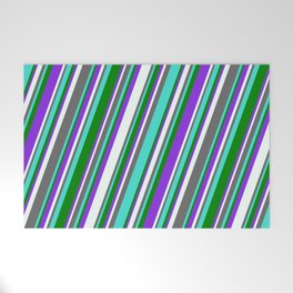 [ Thumbnail: Dim Grey, Turquoise, Green, Purple & Mint Cream Colored Lined Pattern Welcome Mat ]