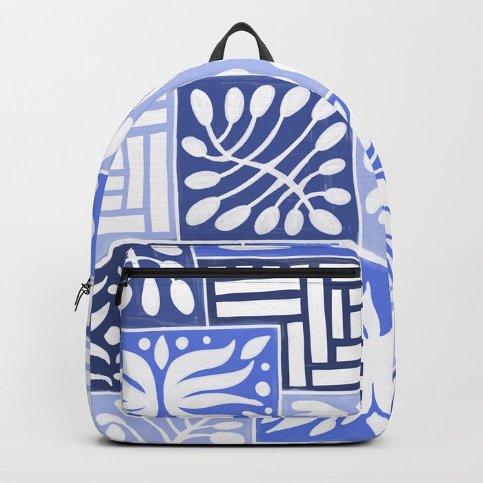 Stylized Floral Patchwork in Shades of Blue Backpack