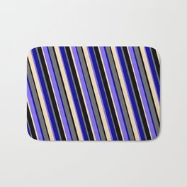 [ Thumbnail: Vibrant Dim Grey, Dark Blue, Medium Slate Blue, Tan & Black Colored Striped Pattern Bath Mat ]