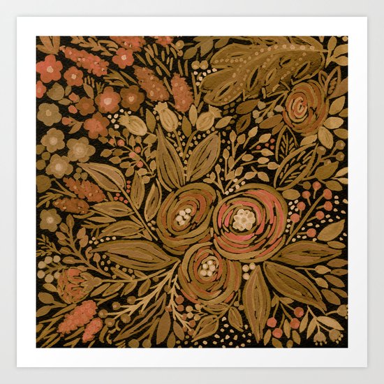 Watercolor . Black brown floral pattern . Art Print
