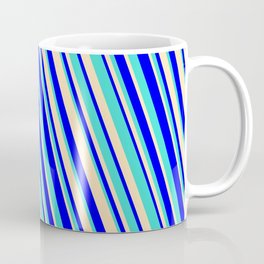 [ Thumbnail: Blue, Turquoise & Beige Colored Striped/Lined Pattern Coffee Mug ]