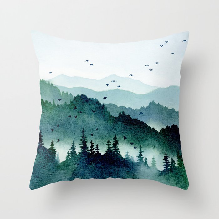Watercolor Mountains - Handpainted Landscape Art Pine Trees Forest Wanderlust Throw Pillow