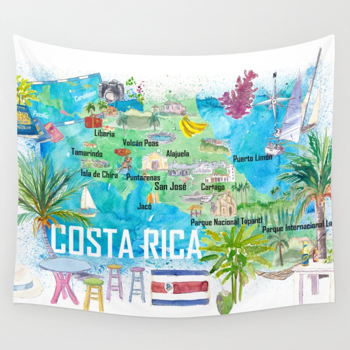 Costa Rica Illustrated Travel Map with Roads and Highlights Wall Tapestry by artshop77  Society6