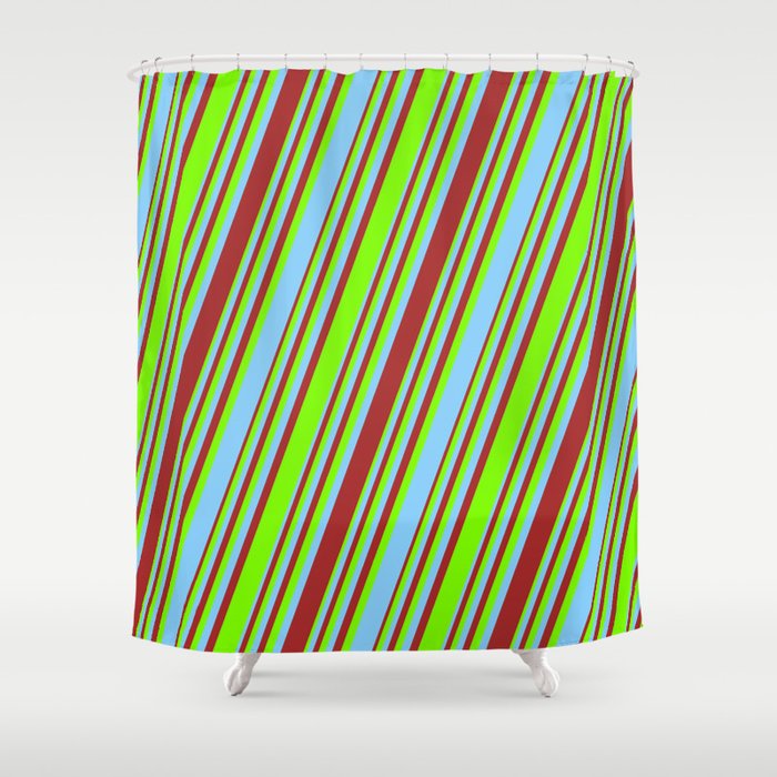Light Sky Blue, Brown, and Green Colored Striped/Lined Pattern Shower Curtain