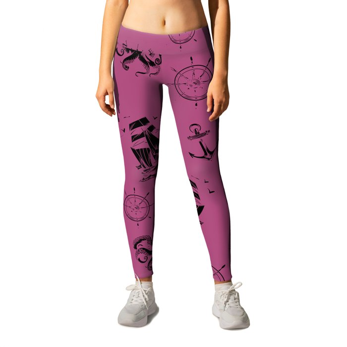 Magenta And Black Silhouettes Of Vintage Nautical Pattern Leggings