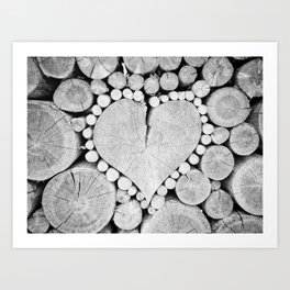 All my loving heart-shaped wood in cord of firewood black and white portrait photograph Art Print