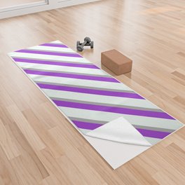 [ Thumbnail: Dark Gray, Dark Orchid, and Mint Cream Colored Lined/Striped Pattern Yoga Towel ]