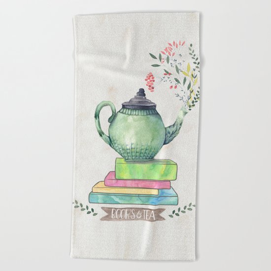 Books & Tea Watercolor Beach Towel