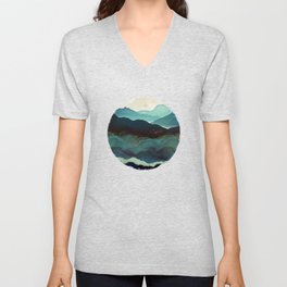 Indigo Mountains V Neck T Shirt | Graphicdesign, Digital, Travel, Curated, Birds, Wanderlust, Nature, Mountains, Aqua, Mint 