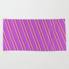 [ Thumbnail: Orchid, Crimson, and Beige Colored Lined/Striped Pattern Beach Towel ]
