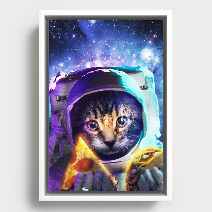 Astronaut Cat Eating Pizza Taco Framed Canvas