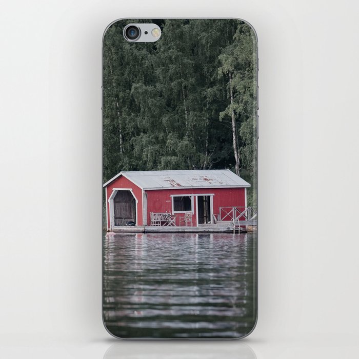 Red Cottage next to Calm Water Lake Finland iPhone Skin