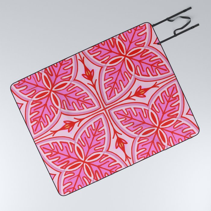 Pretty In Pink Tropical Monstera Leaf Tile Quilt Style Repeat Pastel Red Floral Line Art Pattern Picnic Blanket