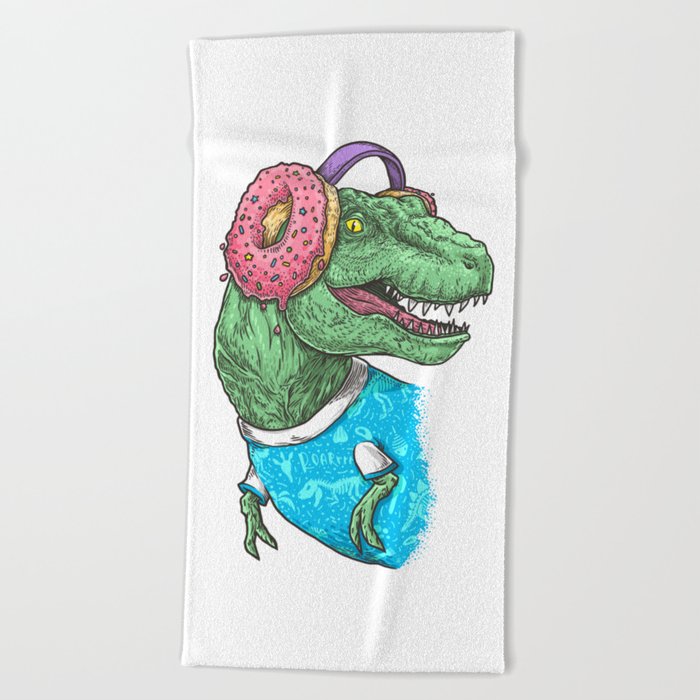 T-rex with headphones Beach Towel